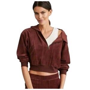 Daily Practice Anthropologie Hoodie Womens Large 1/4 Zip Velour Ribbed Cropped